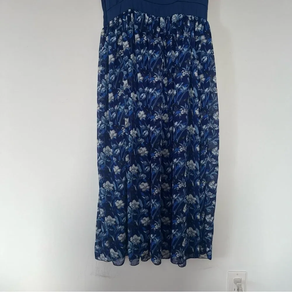Navy Blue Floral Chiffon Maxi Dress Coastal Cottagecore XL” - Picture 7 of 7